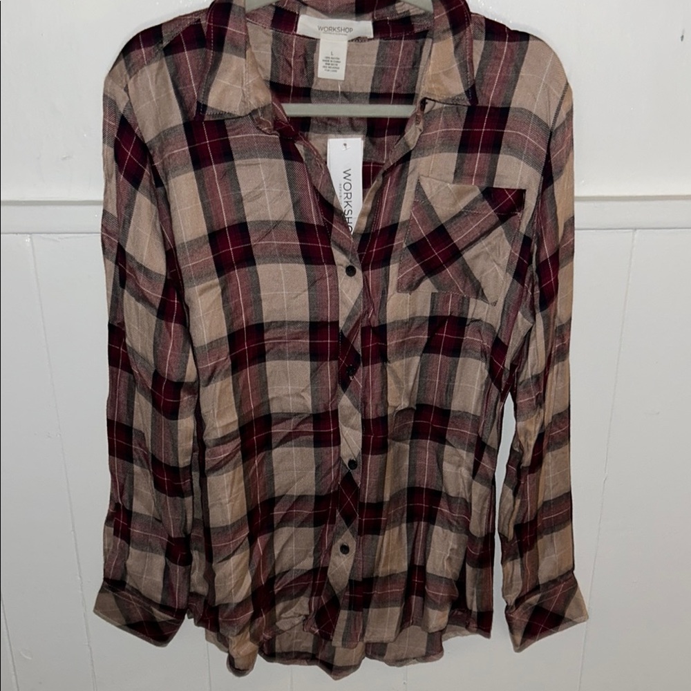NWT! Workshop Republic Clothing Burgundy and Beige Plaid Shirt